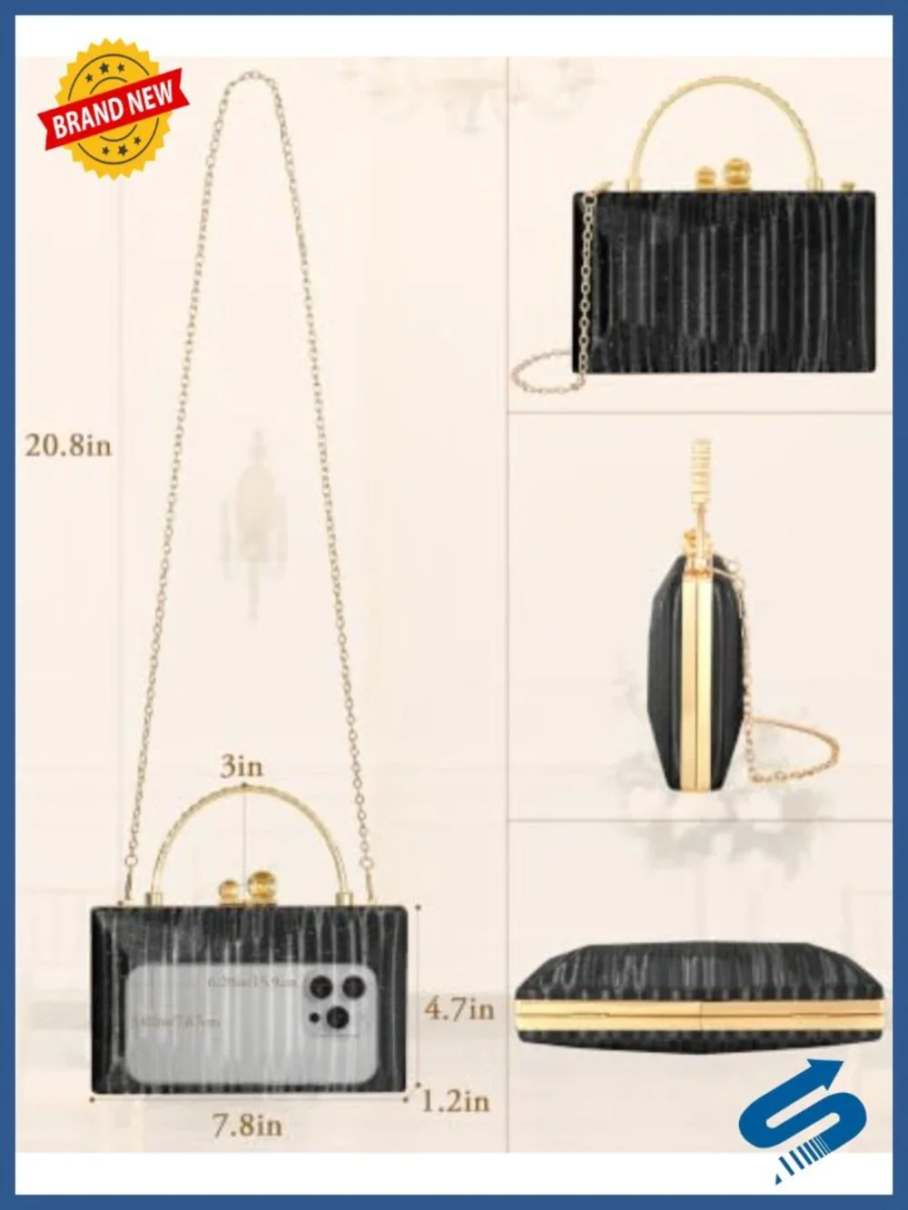 WHIPPY Glitter Clutch Purse Hard Box Evening Bag with Detachable Chain Strap